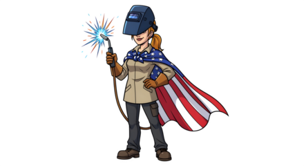 Cartoon female welder standing proud with American flag cape and welding torch isolated on white background