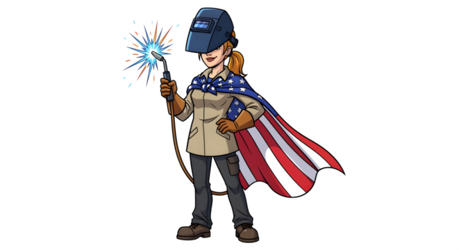 Cartoon female welder standing proud with American flag cape and welding torch isolated on white background