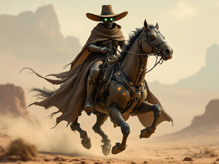 A cowboy riding a galloping horse through a desert landscape at sunset.