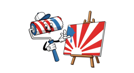 Cartoon paint roller drawing a red white and blue sunrise on a blank canvas worker vision theme isolated on white background