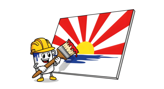 Cartoon paint roller drawing a red white and blue sunrise on a blank canvas worker vision theme isolated on white background - Powered by Adobe