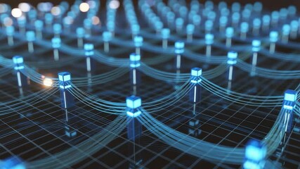 Glowing Blue Network Nodes Connected by Curved Lines on Dark Grid Surface Abstract Digital Technology Background - Powered by Adobe