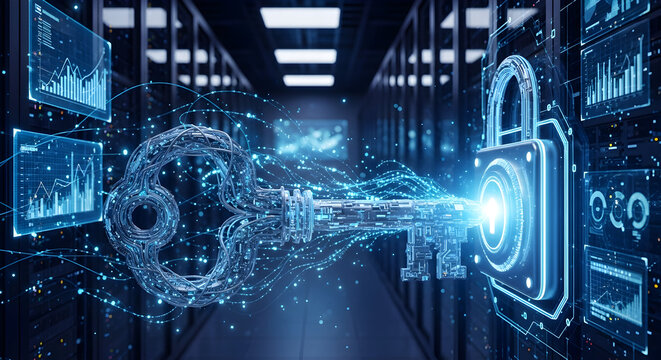 Cybersecurity key unlocking digital protection in modern server room with financial data and glowing padlock, emphasizing secure technology solutions and innovative data privacy