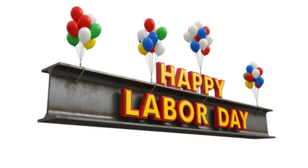 Construction beam floating with balloons tied to it and painted Happy Labor Day bold font isolated on white background