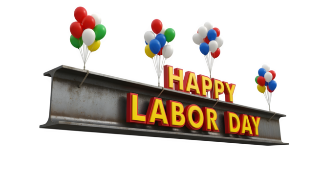 Construction beam floating with balloons tied to it and painted Happy Labor Day bold font isolated on white background