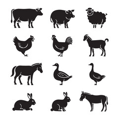 Collection of farm animals in black silhouette on a white background