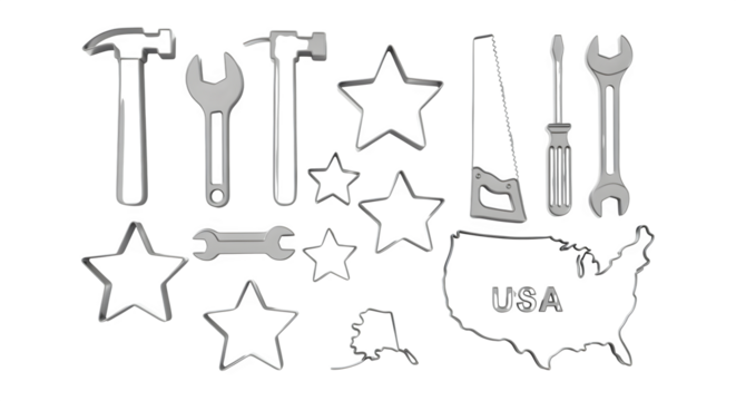 Cookie cutter set shaped like tools stars and USA map arranged in a festive flatlay isolated on white background