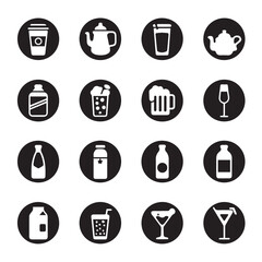 Fototapeta premium Assorted beverage containers and glasses in black circular backgrounds