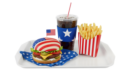 Fast food tray with burger fries and drink all decorated in American flag patterns party meal theme isolated on white background