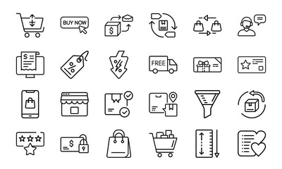 24 E-Commerce and Online Shopping Line Icons Cart, Payment, Delivery, Discount, Customer Service, Order Tracking, Return, and Loyalty Program Vector Icon Set