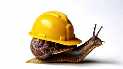 Snail wearing yellow hard hat on white background: slow construction, safety first