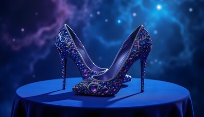 purple blue high heels adorned with gemstones exhibited on podium with blue background, product photography