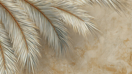 Minimalist white palm frond pattern on a sandy background, clean tropical design, subtle natural textures, high-resolution.