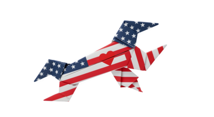 Folded paper origami wrench with printed USA flag texture and heart symbol isolated on white background