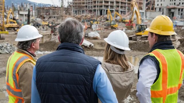Construction Crew: A team of dedicated construction workers, wearing hard hats and high-visibility vests, meticulously observe the bustling activity on a vast construction site.