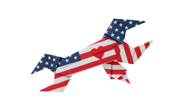 Folded paper origami wrench with printed USA flag texture and heart symbol isolated on white background