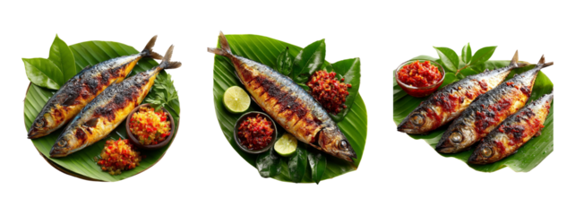 Fresh Grilled Fish with Spicy Sauce and Lime on Green Leaves
