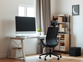 Modern Workspace Interior with Sleek Desk, Computer, Ergonomic Chair, and Minimal Accessories – Side View (AI Generated)