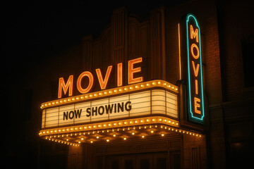 A vintage movie theater marquee illuminated at night. The sign displays 'MOVIE' and 'NOW SHOWING' in bright lights. The architecture features classic design elements.
