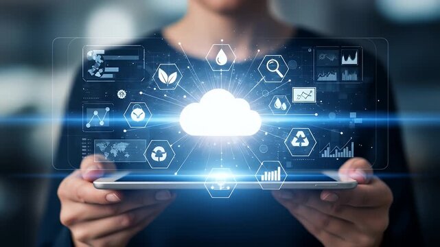 Person holding tablet displaying cloud with digital icons and data visualization - Powered by Adobe
