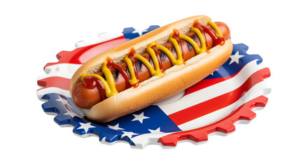 Hot dog on a patriotic plate shaped like a gear celebrating holiday cookouts isolated on white background