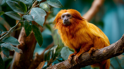 An orange lion, the golden-shouldered monkey sitting on a tree