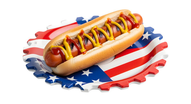 Hot dog on a patriotic plate shaped like a gear celebrating holiday cookouts isolated on white background - Powered by Adobe