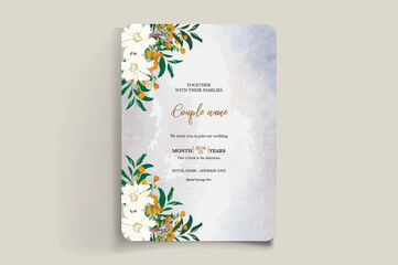 WEDDING INVITATION FRAME WITH FLOWER DECORATIONS AND FRESH LEAVES