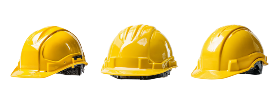 Bright Yellow Hard Hats in Various Positions for Safety and Protection