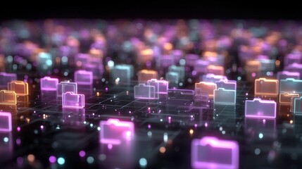 Abstract network grid with files and folders, futuristic software interface, digital document management system, store, search and organize documents, corporate business, paperless office	
