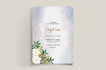 WEDDING INVITATION FRAME WITH FLOWER DECORATIONS AND FRESH LEAVES