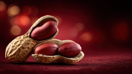 Opened peanut shells with glossy nuts inside  closeup image