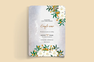 WEDDING INVITATION FRAME WITH FLOWER DECORATIONS AND FRESH LEAVES