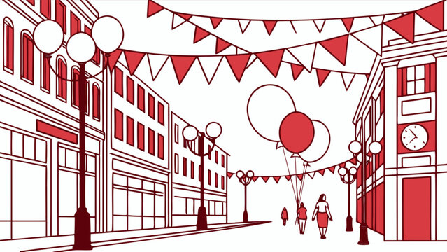 Festive city street celebration with balloons and flags vector illustration for event and party decoration