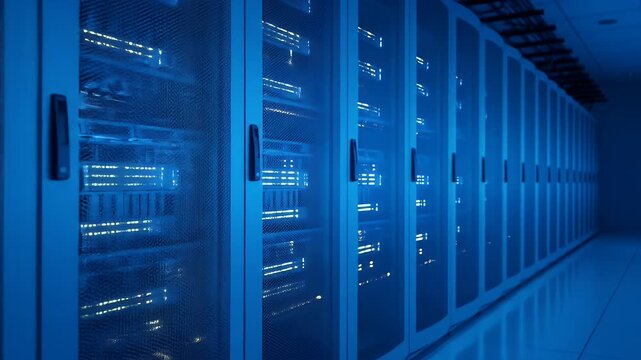 Rows of illuminated server racks in a data center