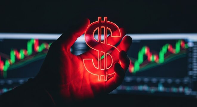 Man hand holding dollar sign with stock market graph. Financial crisis concept showing economic fall, currency decay, and recession.
