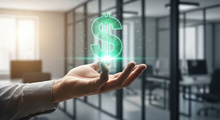 Man hand holding glow dollar sign. Digital money investment growth. Finance concept with virtual currency display for banking.