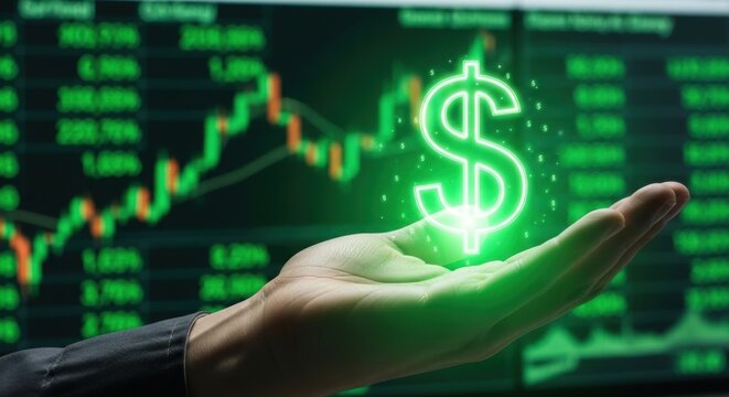 Man's hand holding glowing dollar sign with blurred financial graph in background. Digital currency increase concept.