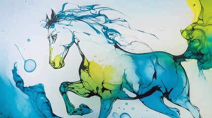 digital watercolor painting of galloping horse with splashes of pink, abstract art