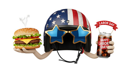 Patriotic helmet with star sunglasses holding a burger and soda celebrating Labor Day BBQ isolated on white background