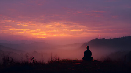 Fototapeta premium Silhouette of person meditating atop hill with cross against a vivid sunset sky landscape view