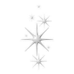 Retro halftone star cluster with dotted texture. Multiple sparkle icons in black and white comic style. Abstract vector decoration on isolated white background.