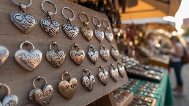 Close-up of heart-shaped metal keychains with engraved designs displayed on wooden rack at outdoor street market under warm sunlight

