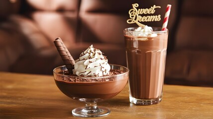 a chocolate mousse parfait and a chocolate milkshake, are featured in a close-up shot mousse parfait, in a clear glass bowl, is layered with dark chocolate mousse
