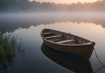 Obraz premium Wooden Rowboat Floating on a Misty Lake at Early Morning
