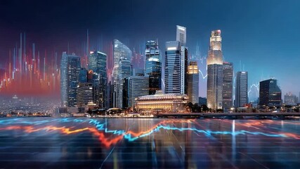 Urban Skyline with Financial Overlay: A modern cityscape, illuminated against the evening sky, interweaves with a dynamic financial data stream. - Powered by Adobe