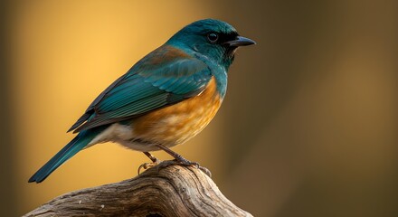 close shot of blue robin with yellow chest perched on a textured branch against golden background