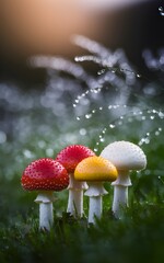 mini four umbrella mushrooms in red yellow and white in the morning grass with dew