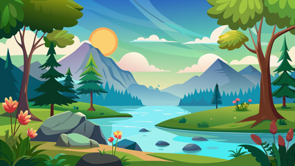 Obraz premium Vector art of a charming cartoon depiction of a sunny day in a mountain landscape, with a clear river flowing through a verdant valley and trees