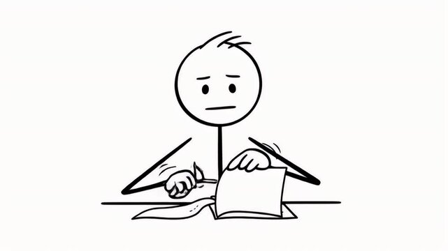 Frustrated Stick Figure at Desk Crumples Paper Represents Writer's Block In White Background Depicts Feelings Of Disappointment Struggle Or Need To Overcome Obstacles, Isolated Stick,Stickman,Man